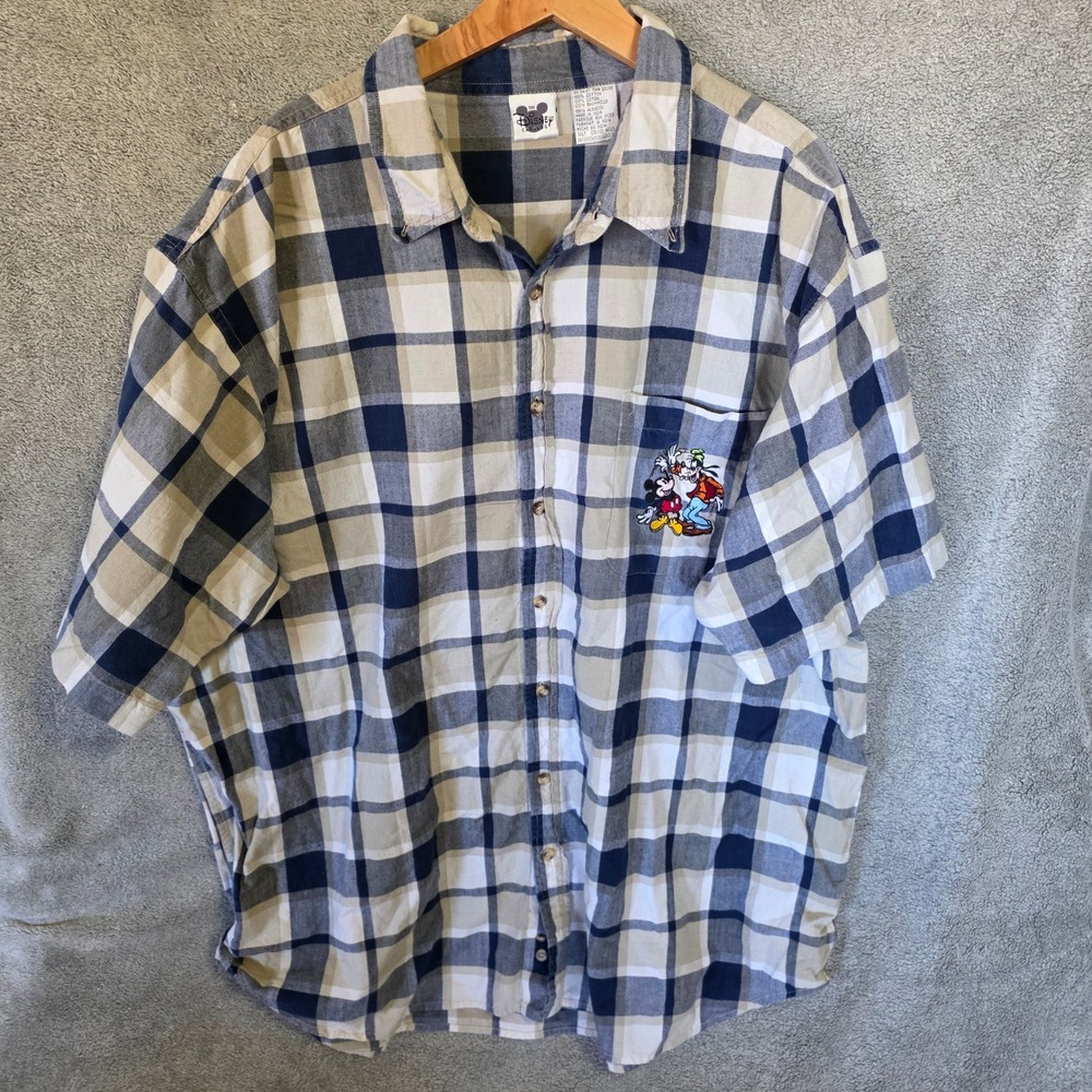 Disney Catalog Mickey Mouse Goofy Plaid Shirt Mens 3XLT Blue Tan Short Sleeve